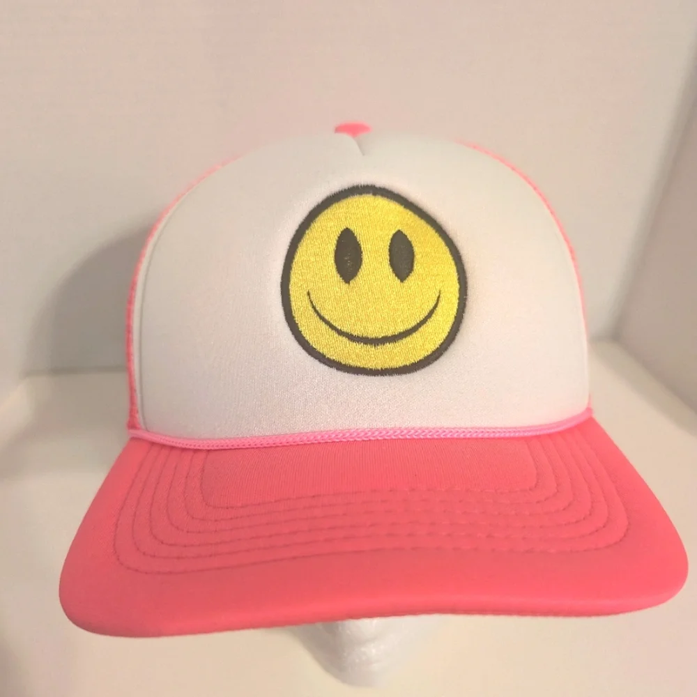 Emoji Smiley Faces Hot Pink and White Adjustable‎ Baseball Hat